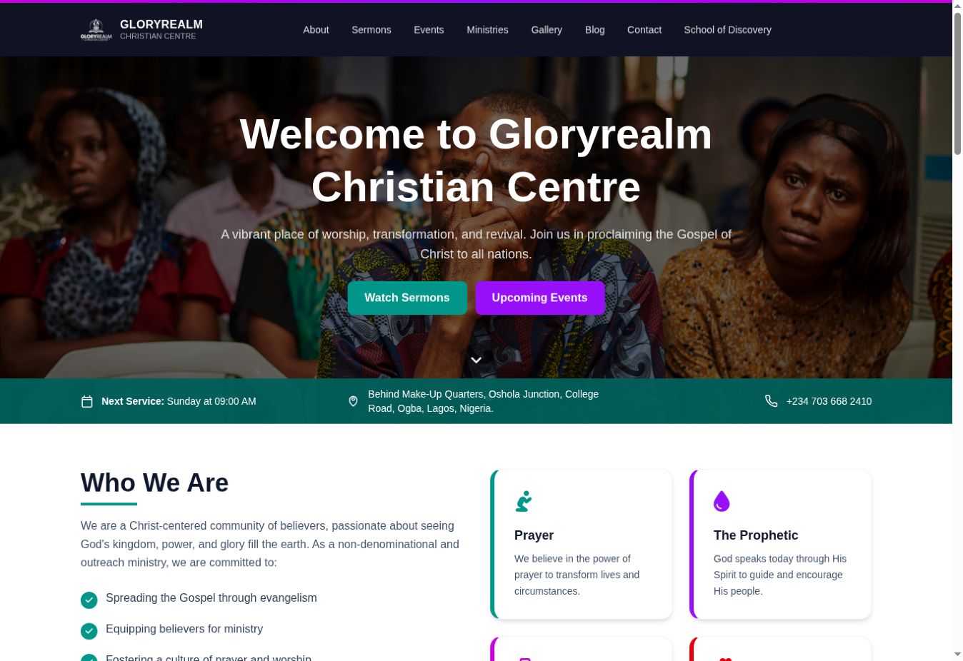 Gloryrealm Christian Centre website homepage designed and developed by Noah Abayomi